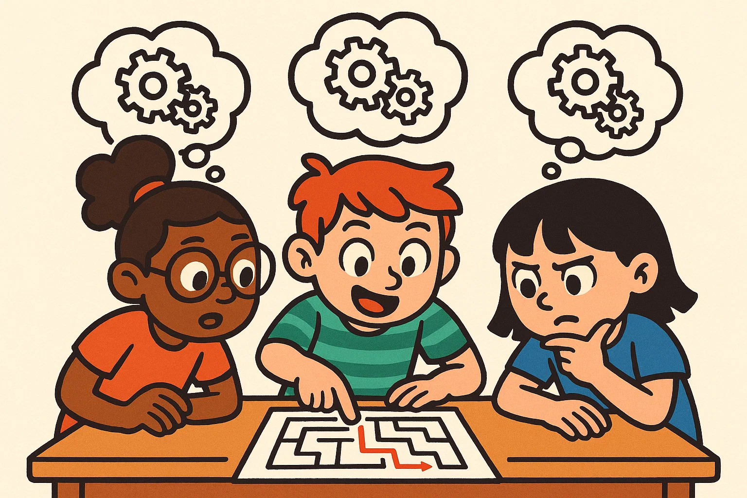 Cartoon illustrating children working together on a puzzle, representing creative problem-solving games and activities.