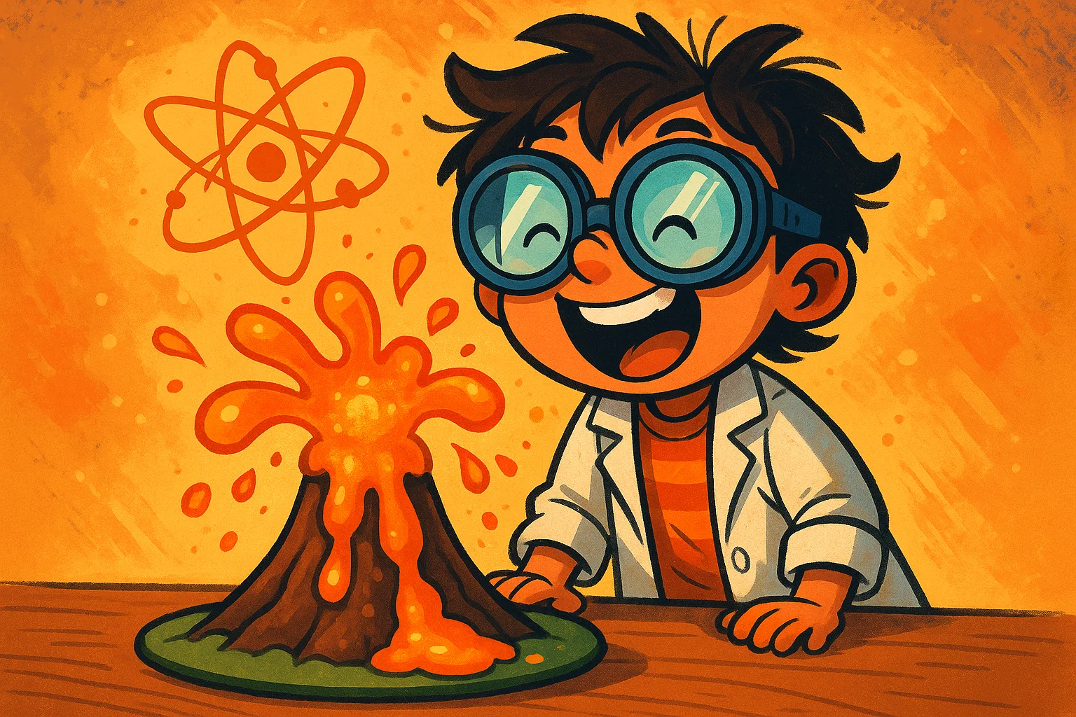 Cartoon of a 6-year-old excitedly watching a simple science volcano model erupt, showing creative exploration.
