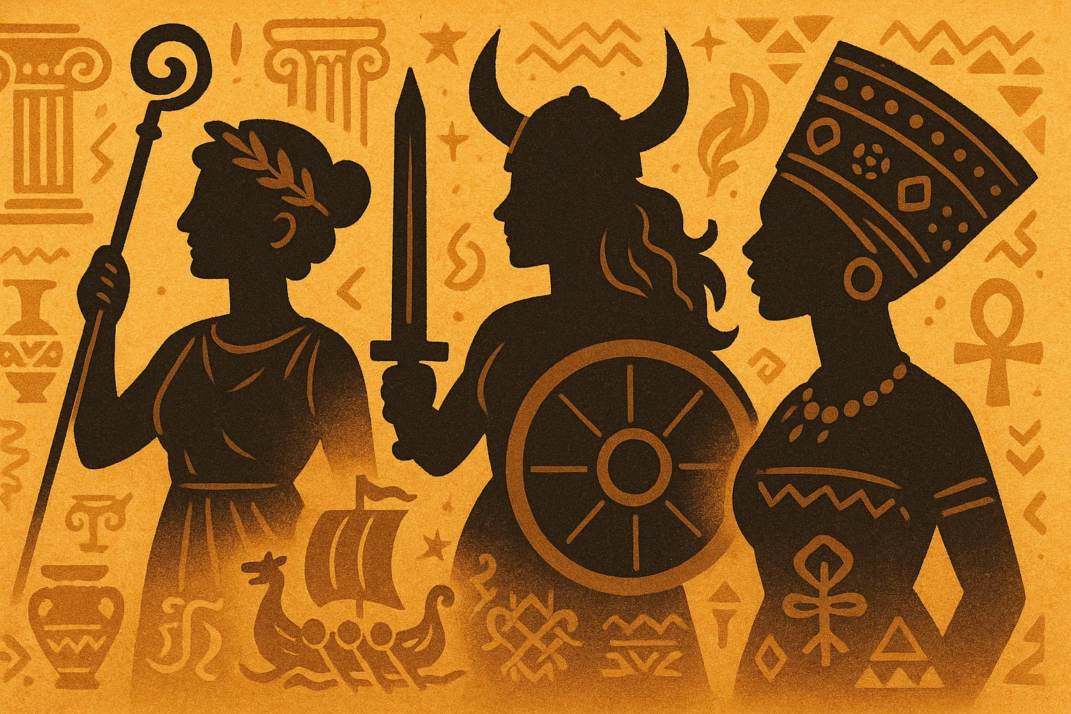 Playful cartoon showing silhouettes of diverse female figures blended with cultural symbols, inspired by mythology and culture.