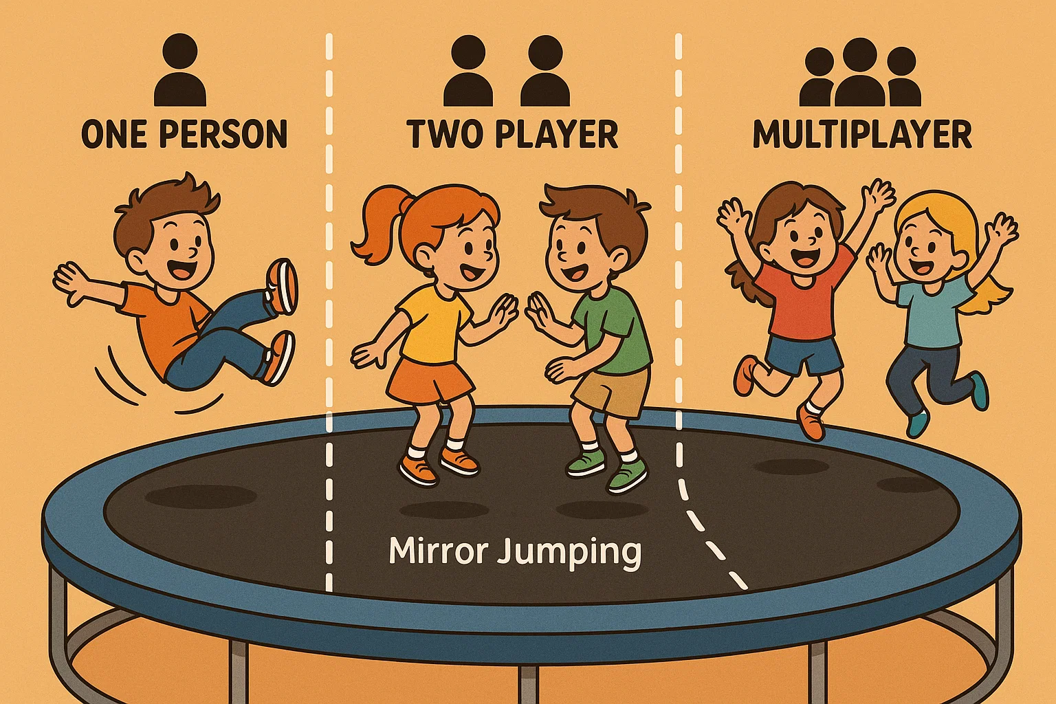 Cartoon showing different types of trampoline games organized by player count: one person, two players, and a small group.
