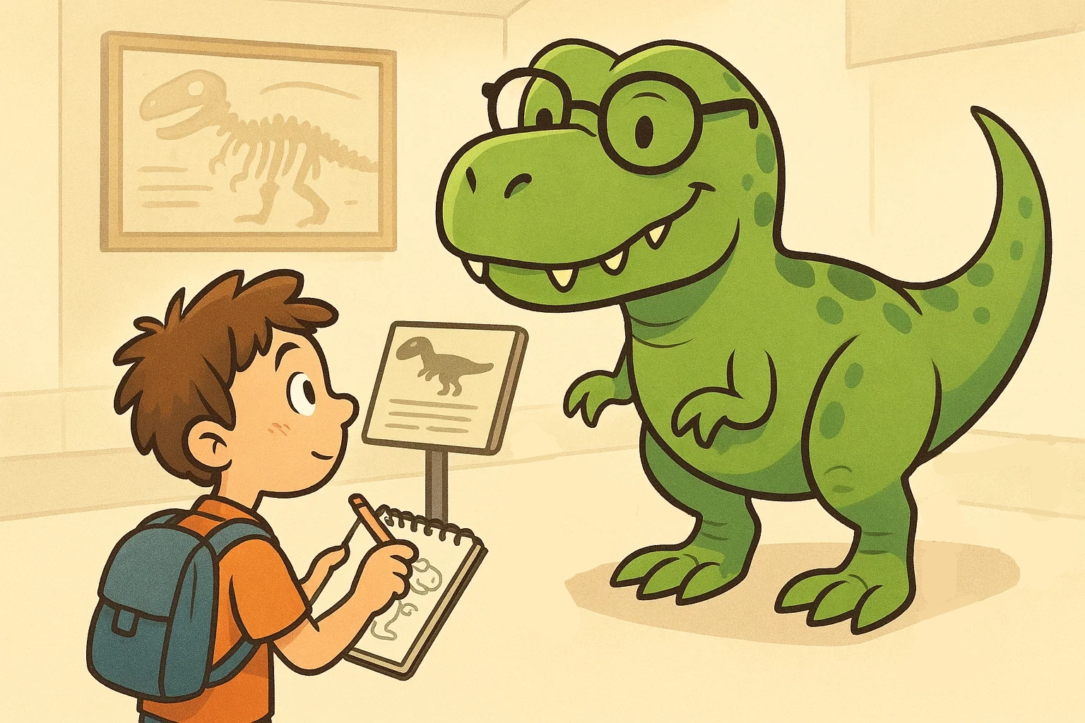 Cartoon of a friendly T-Rex wearing glasses next to a student who is sketching it in a notebook.