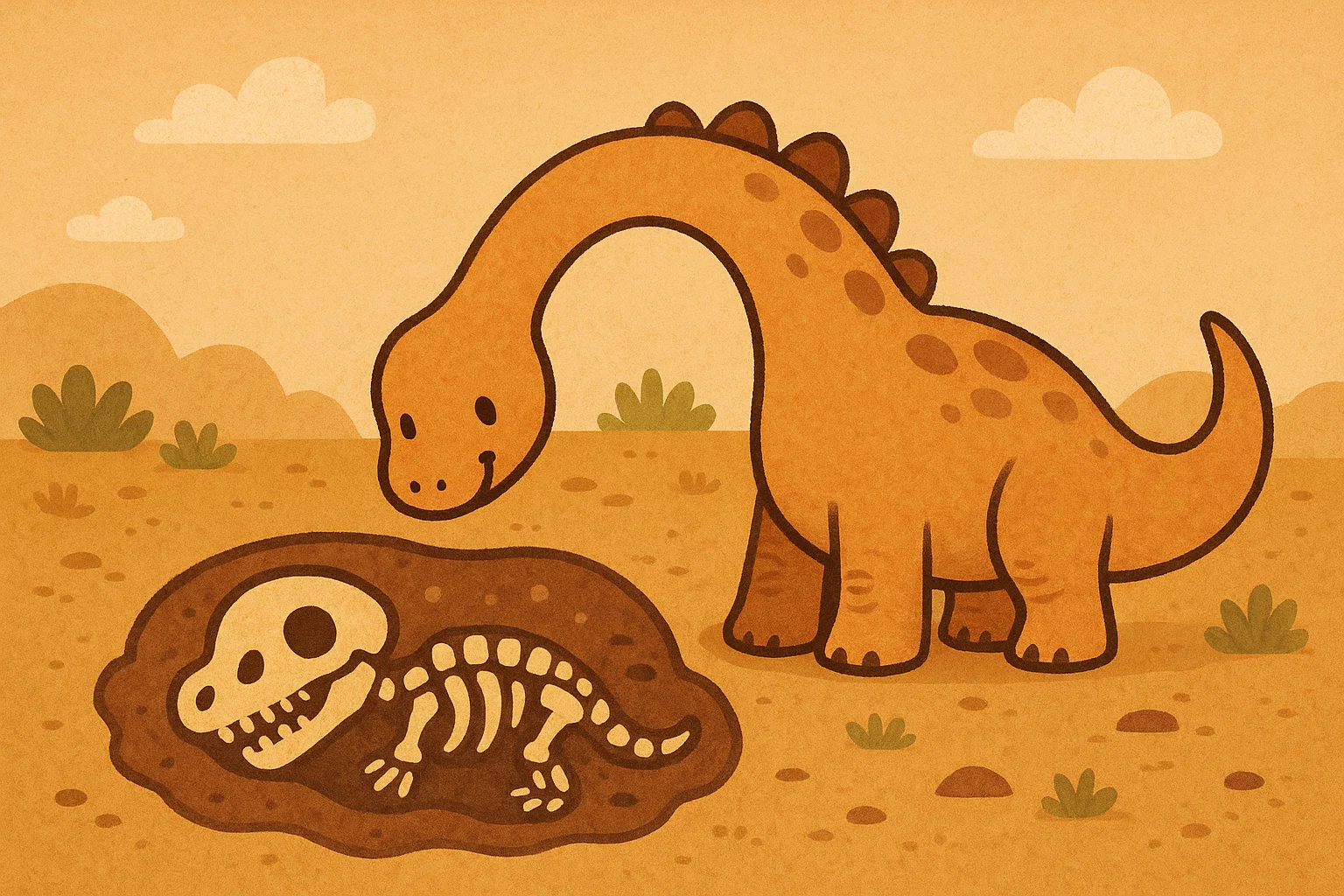 A cute, friendly cartoon dinosaur next to a partially buried fossil, illustrating easy dinosaur facts for kids.