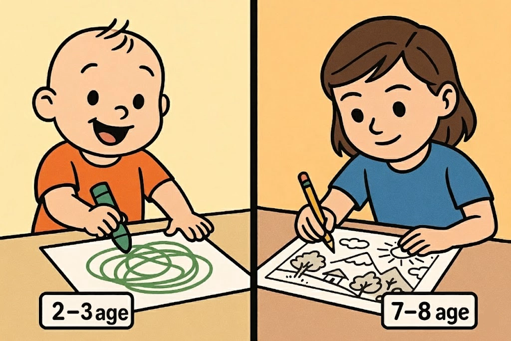 Cartoon panels showing the difference in drawing activities between a scribbling toddler and an older child drawing details by age group. Cartoon panels showing the difference in drawing activities between a scribbling toddler and an older child drawing details by age group.