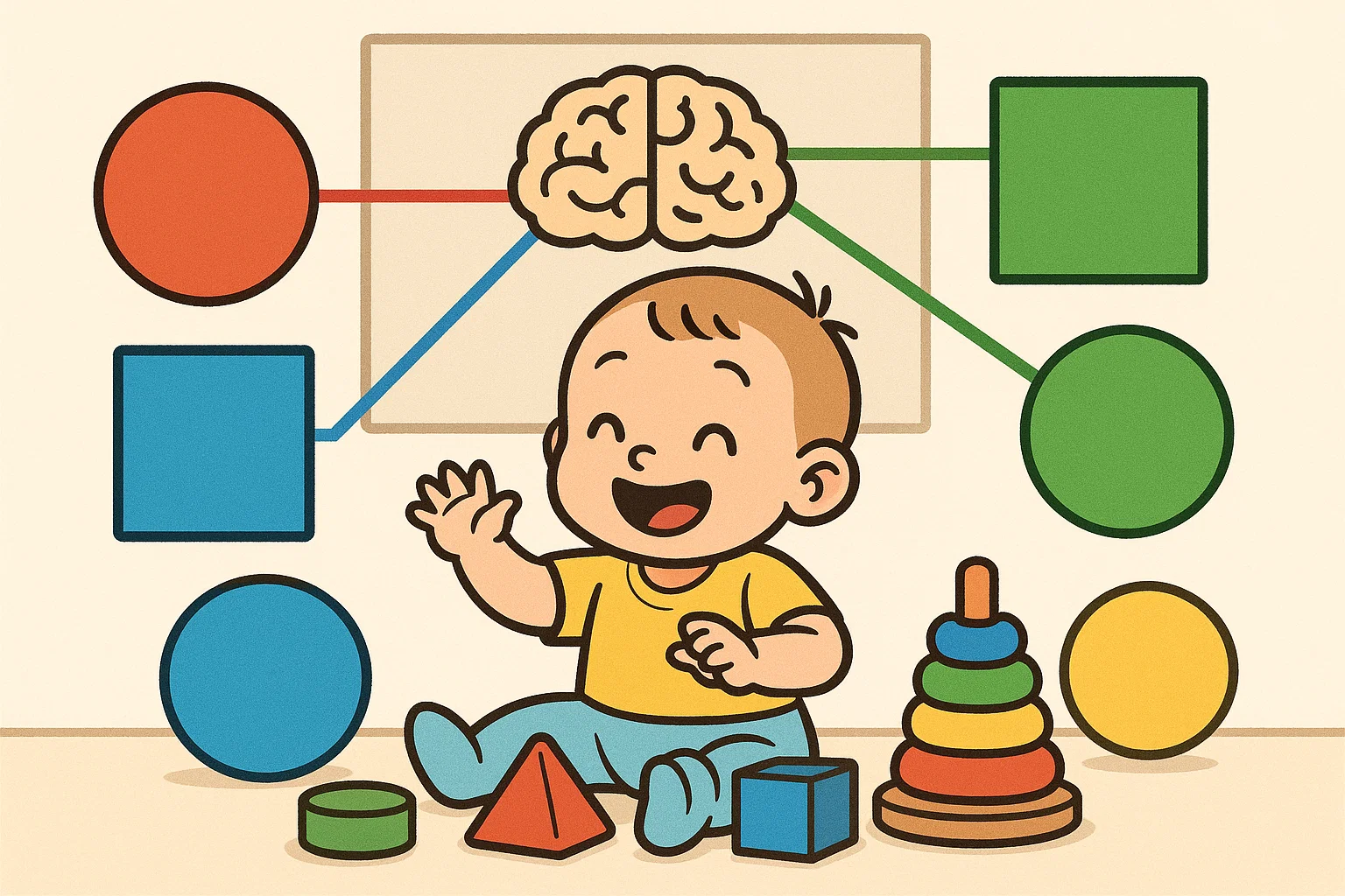 Cartoon showing a toddler playing with large colorful shapes and sorting toys, illustrating the importance of early learning.