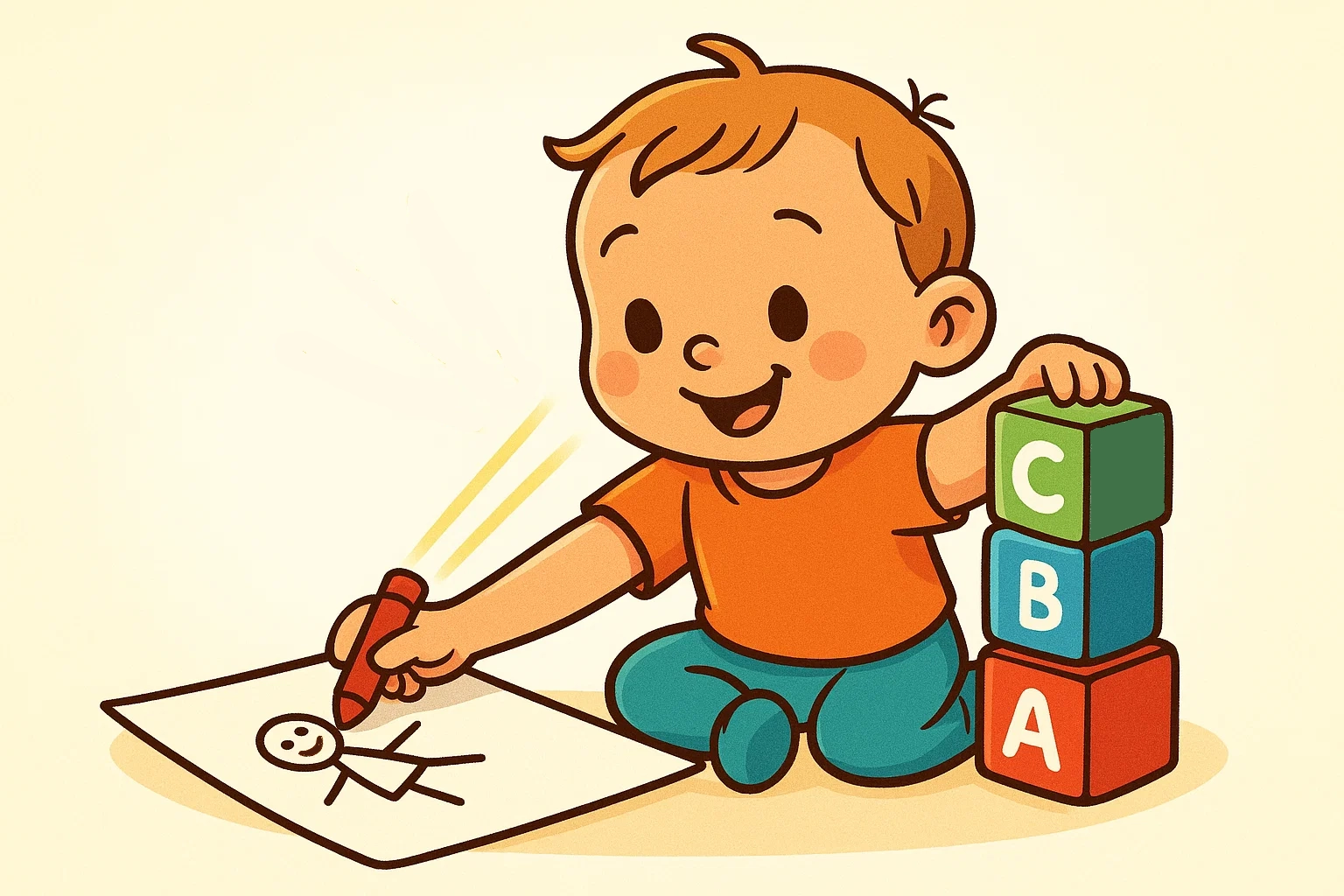 Simple cartoon of a toddler combining block play and drawing, symbolizing holistic and foundational early writing skill development. Simple cartoon of a toddler combining block play and drawing, symbolizing holistic and foundational early writing skill development.