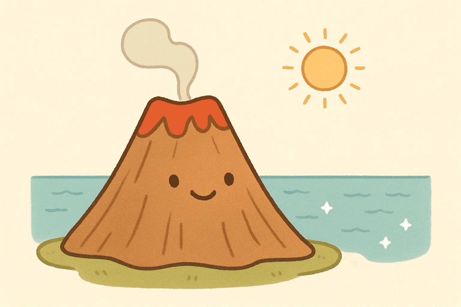 Simple cartoon illustration of a smiling volcano next to a calm, blue ocean.
