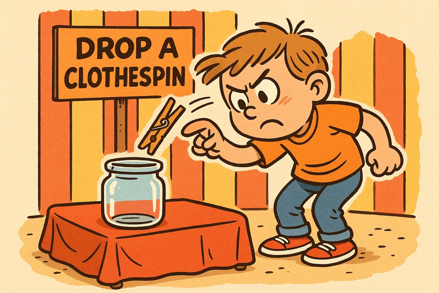 A simple cartoon of a child playing the easy clothespin drop game over a jar, highlighting a quick party activity. A simple cartoon of a child playing the easy clothespin drop game over a jar, highlighting a quick party activity.
