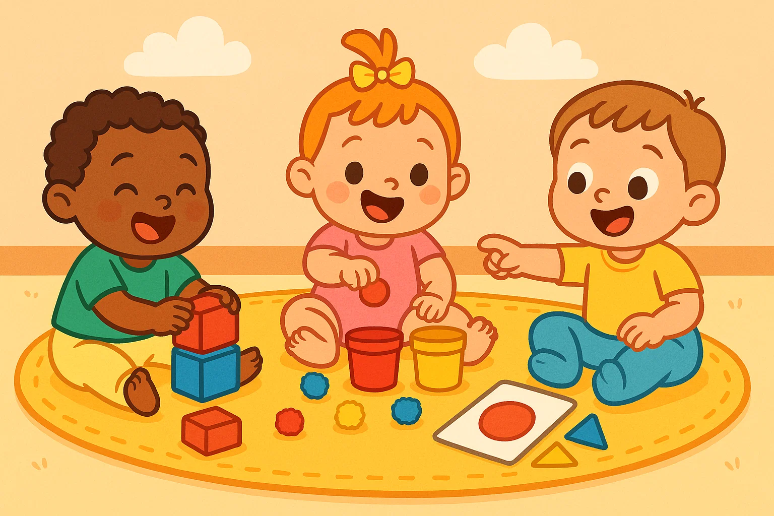 Cartoon toddlers playing simple educational color games with blocks, pom-poms, and color cards on a bright rug.

