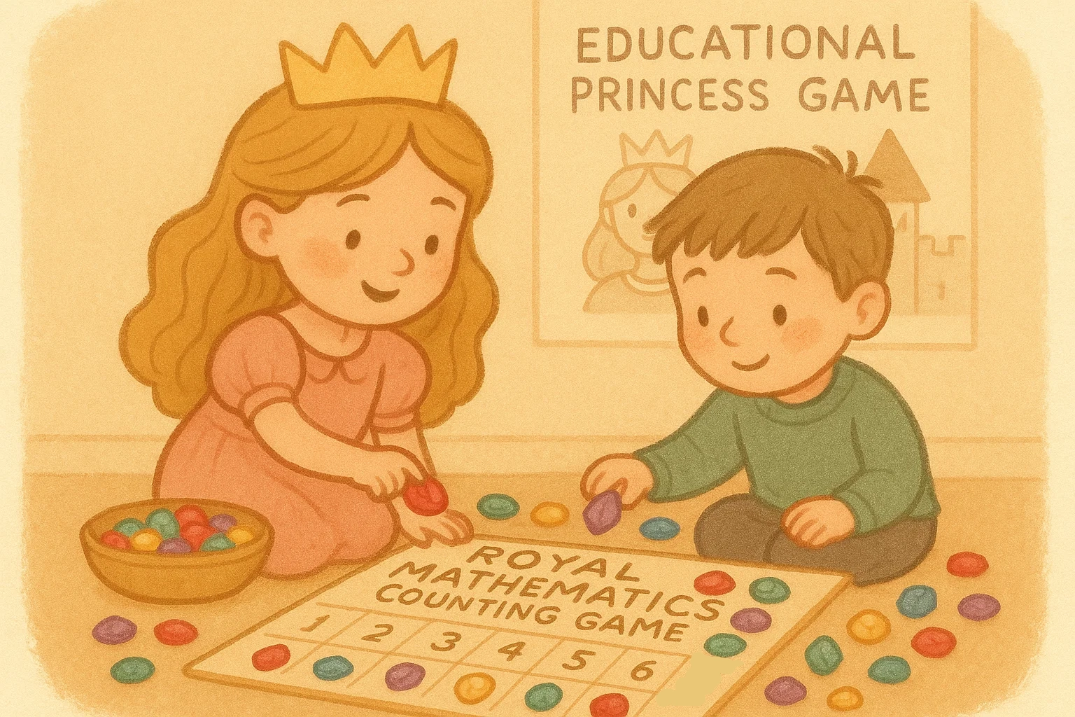 Cartoon of two kids learning and counting with colorful objects for an educational princess game.
