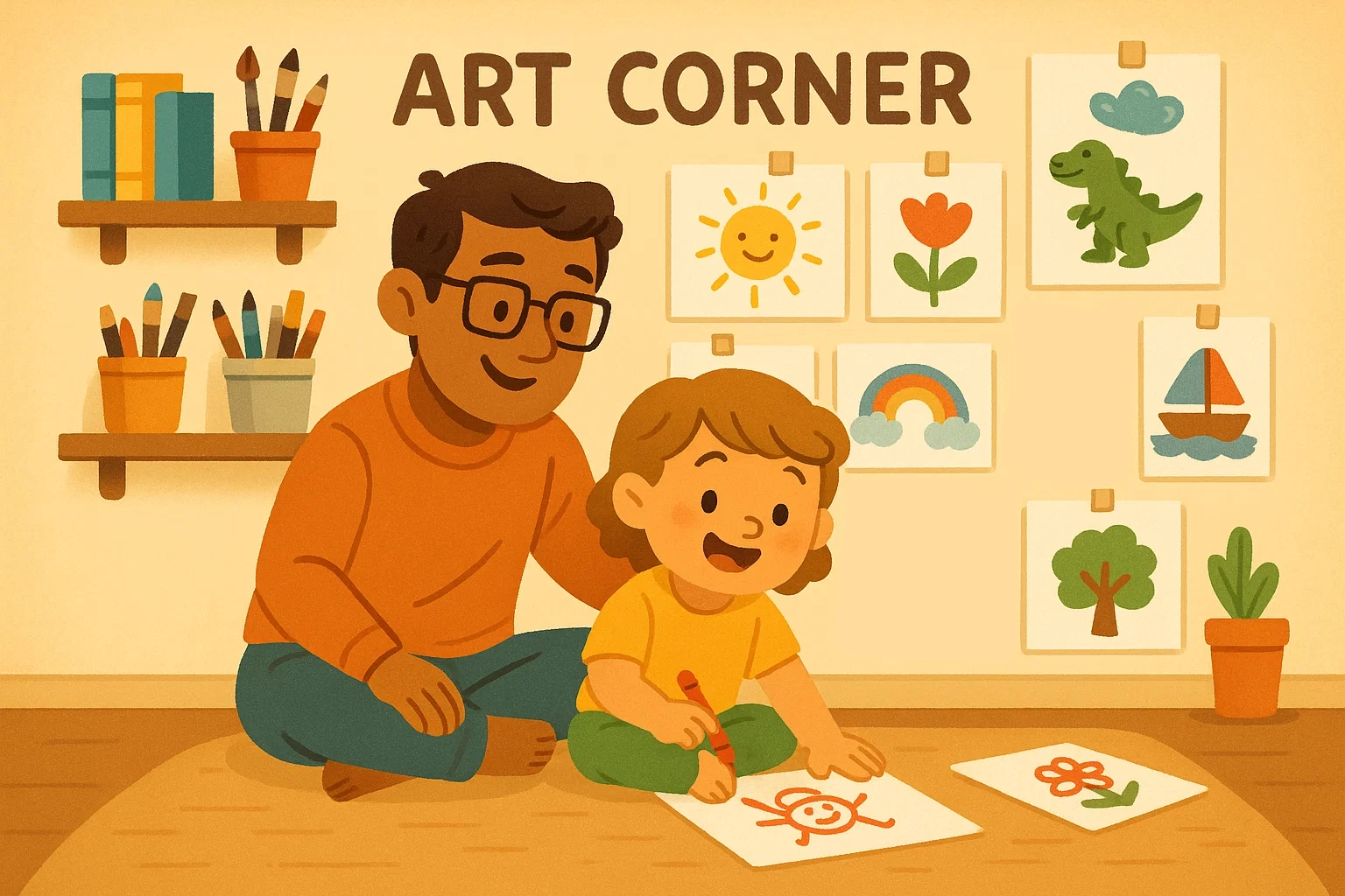 Cartoon of a parent and child drawing together in a tidy, inspiring art space, showing how to encourage drawing at home. Cartoon of a parent and child drawing together in a tidy, inspiring art space, showing how to encourage drawing at home.
