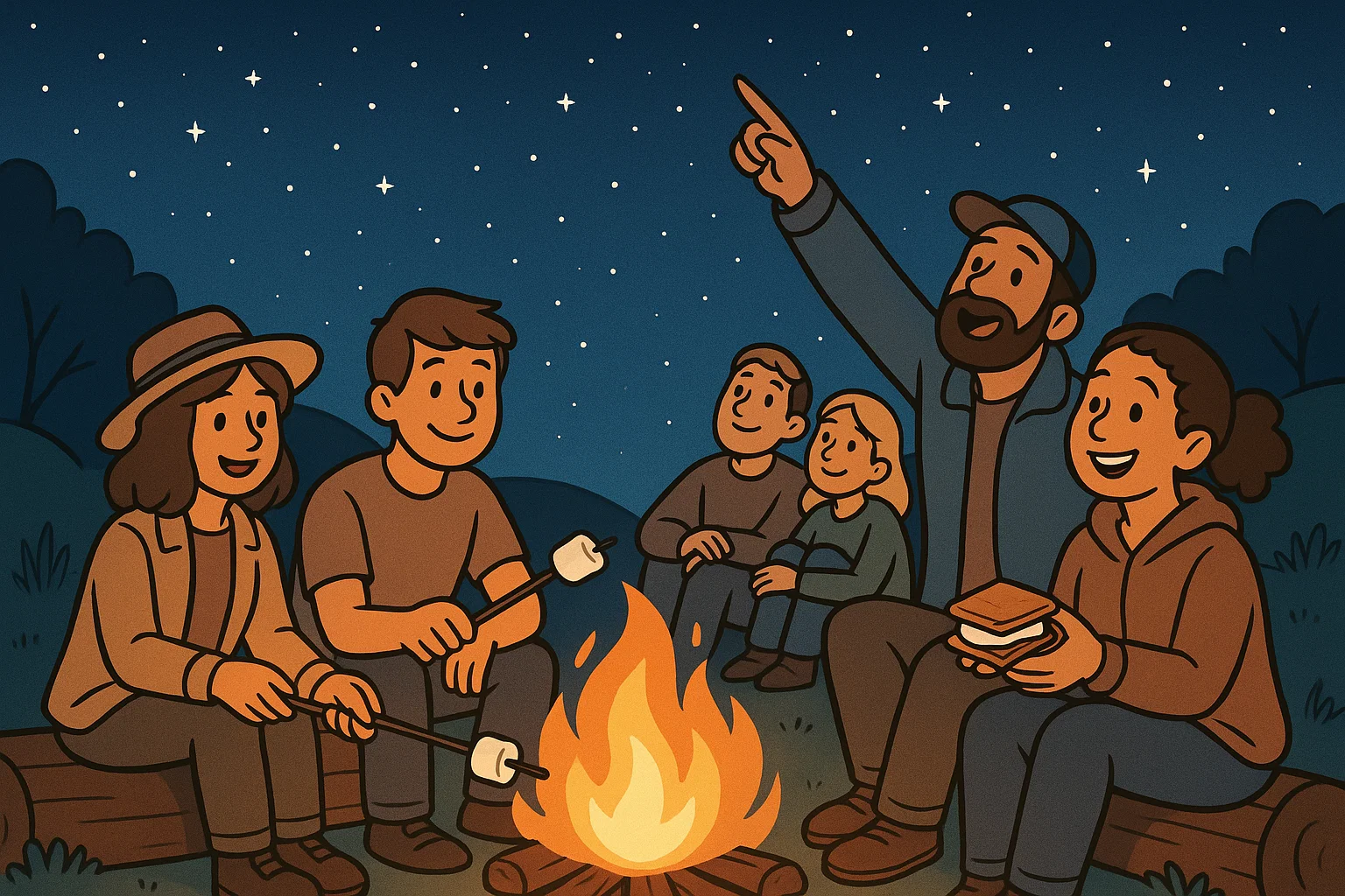 Clean cartoon showing adults engaged in relaxing activities, cooking S'mores and stargazing, near a campfire. Clean cartoon showing adults engaged in relaxing activities, cooking S'mores and stargazing, near a campfire.
