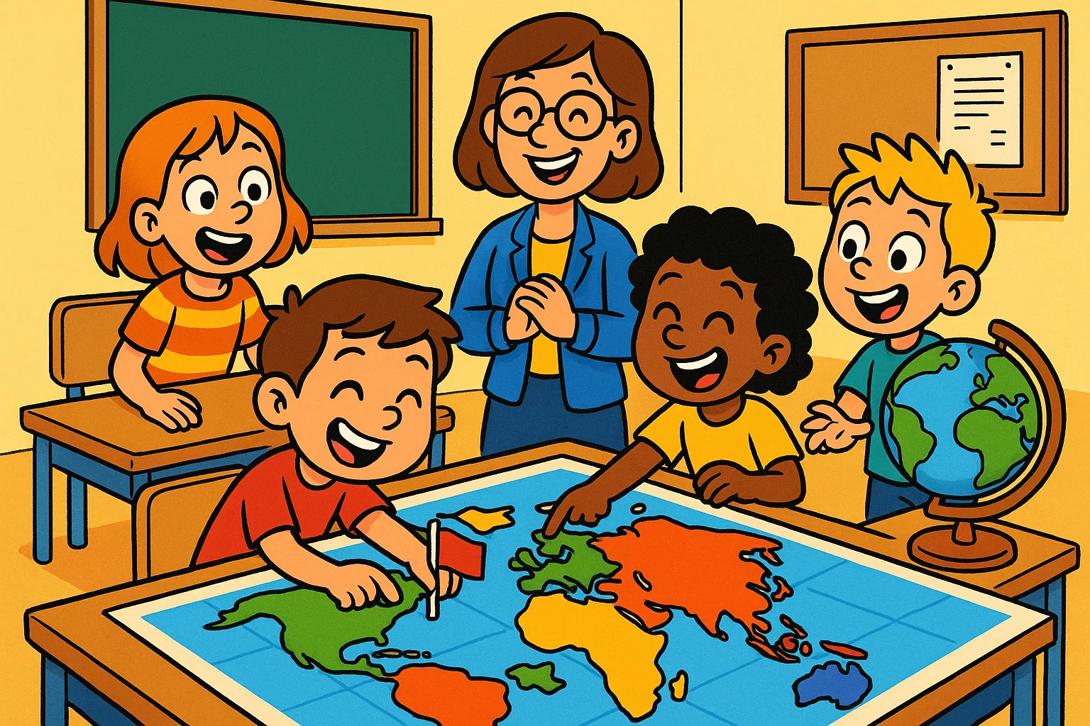 A playful cartoon showing children engaged in a geography lesson game with maps and a globe, promoting active and fun learning. A playful cartoon showing children engaged in a geography lesson game with maps and a globe, promoting active and fun learning.