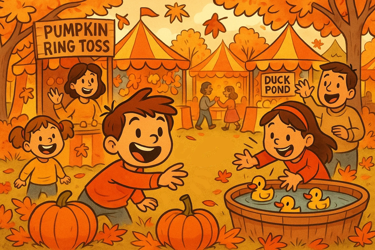 A cheerful cartoon scene depicting various outdoor fall festival games and activities, with happy families playing. A cheerful cartoon scene depicting various outdoor fall festival games and activities, with happy families playing.