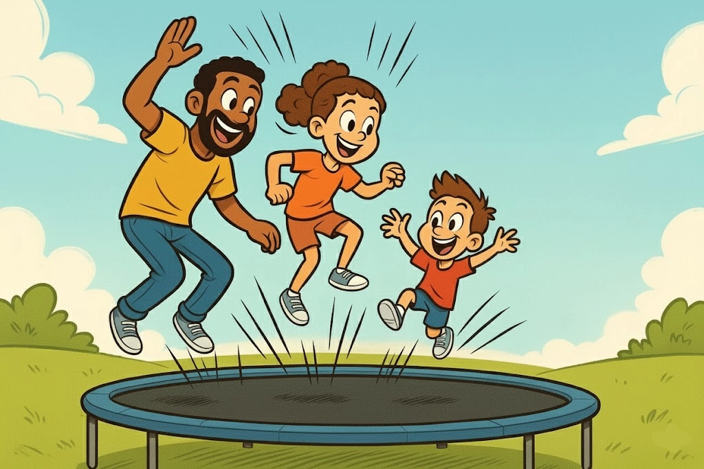 Cartoon of a family (adults and kids) playing an energetic, joyful jumping game together on a large trampoline.
