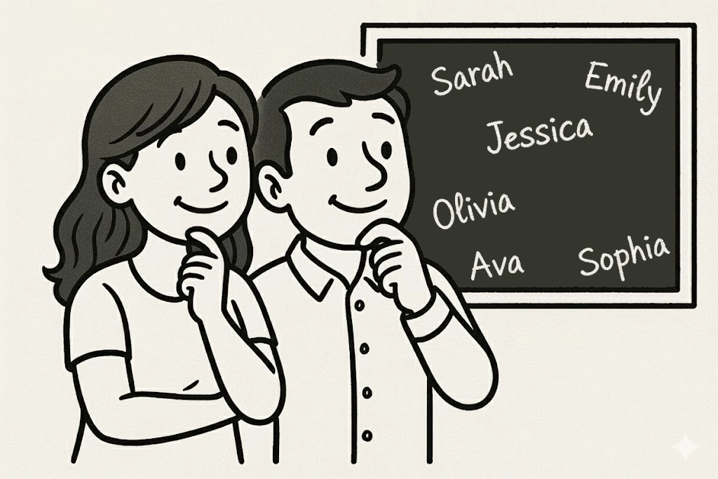 Friendly cartoon of parents looking thoughtfully at a chalkboard with a question mark, representing the search for the perfect name.