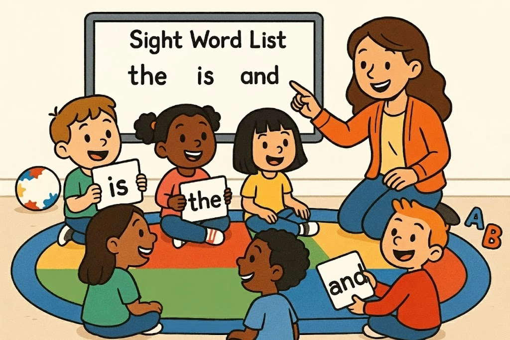 Cartoon of a first-grade teacher and students learning sight words with a list and flashcards in a colorful classroom. Cartoon of a first-grade teacher and students learning sight words with a list and flashcards in a colorful classroom.