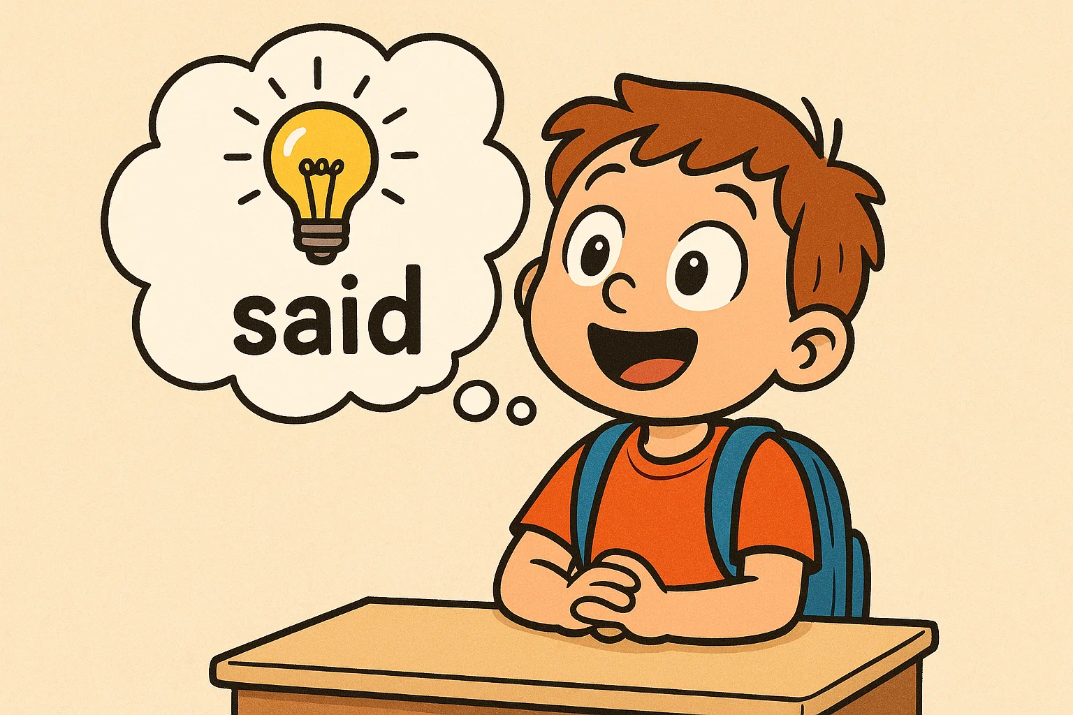 Cartoon of a first grader realizing the meaning of a sight word, with a lightbulb graphic.
