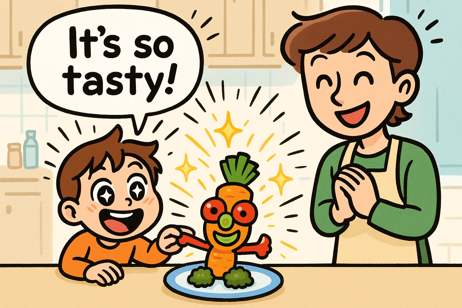 Playful cartoon of a child happily making a silly figure out of colorful fruit, illustrating fun food games for picky eaters.