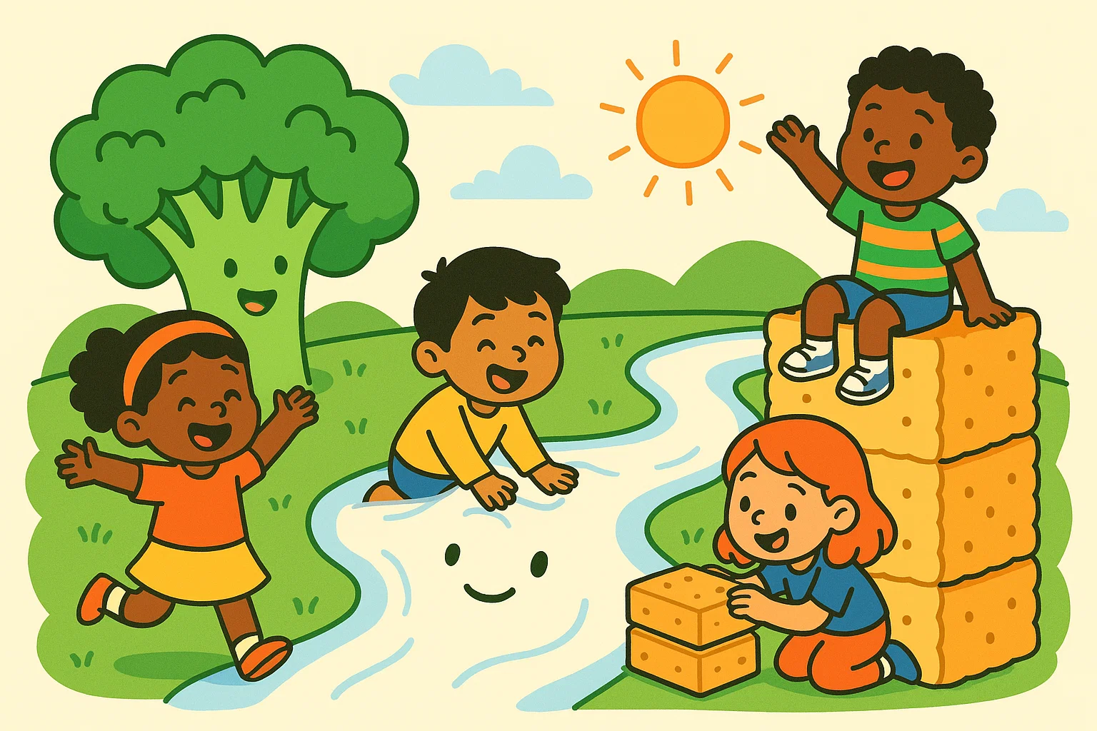 Cartoon of kids happily playing with food, like building with crackers and broccoli, showing developmental benefits.