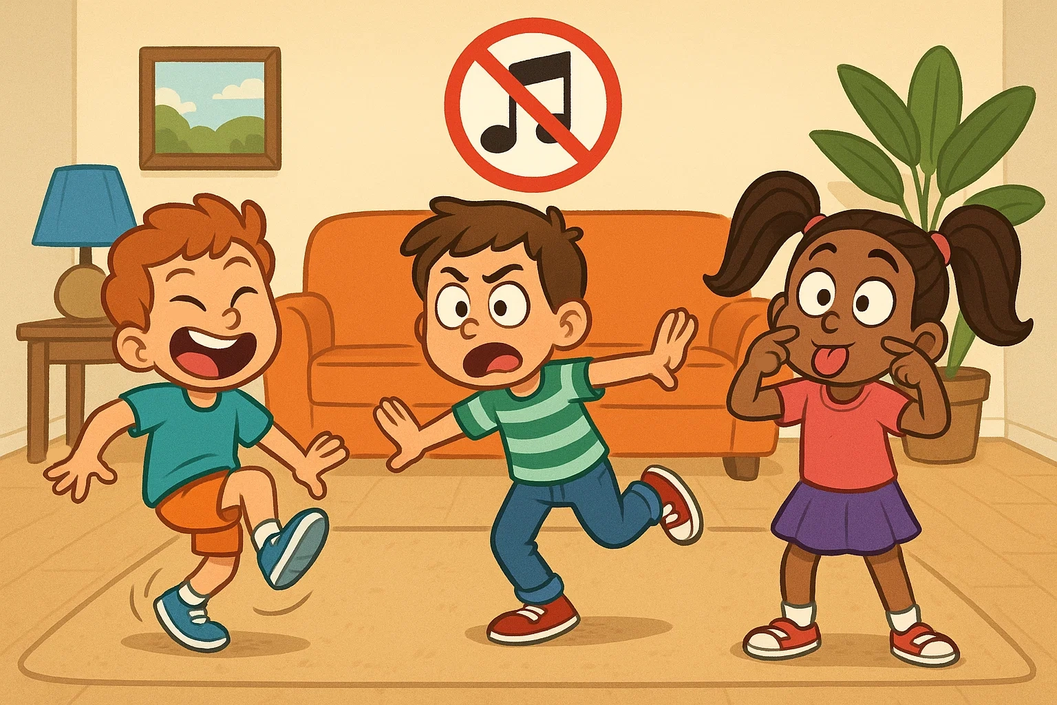 Humorous cartoon of three children frozen in funny poses in a living room, playing a simple and fun dance game at home. Humorous cartoon of three children frozen in funny poses in a living room, playing a simple and fun dance game at home.