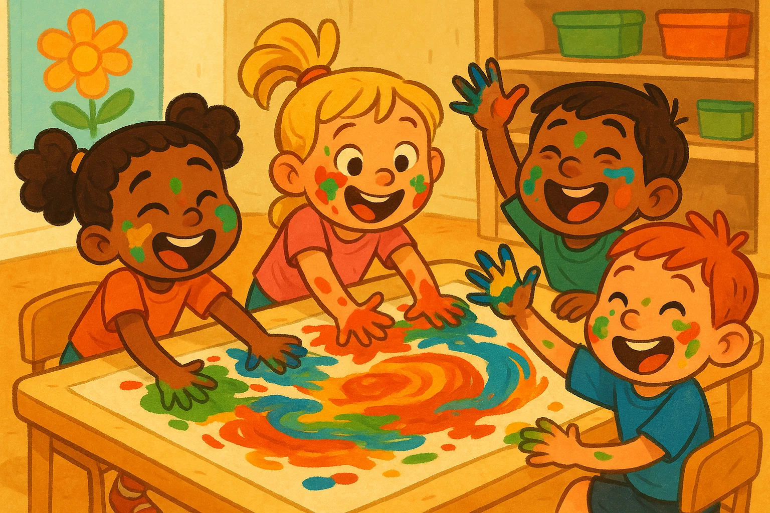 Cartoon illustration of joyful preschoolers engaging in a messy finger painting activity to learn colors in a fun way.