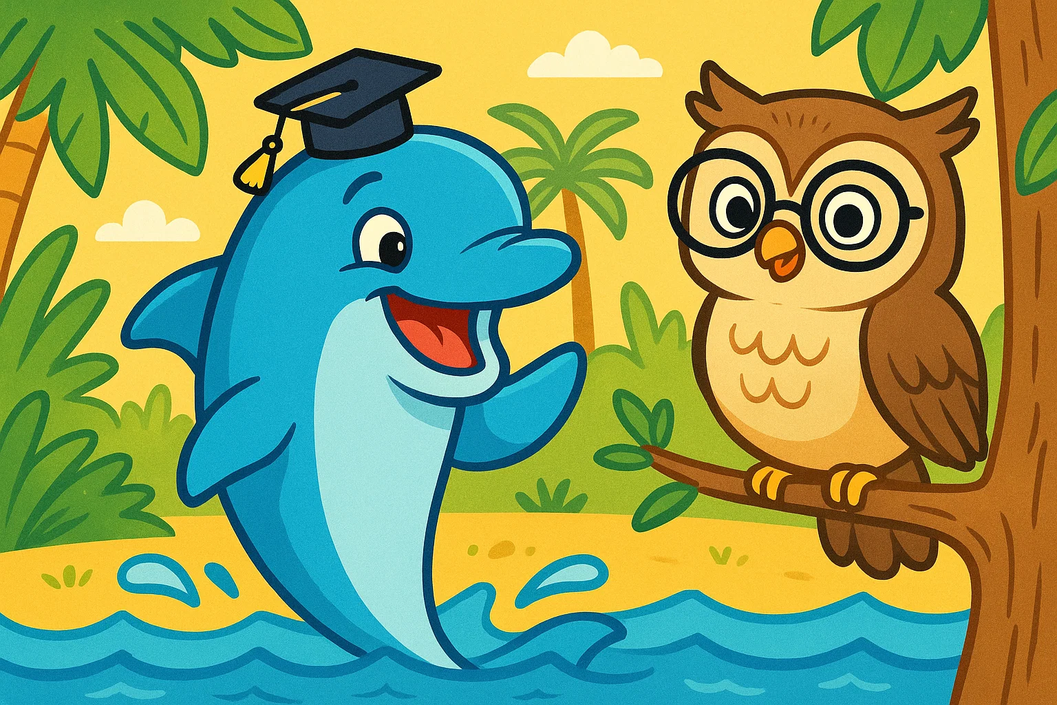 A cheerful cartoon dolphin and a wise owl sharing fun animal trivia and facts in a bright, playful style.