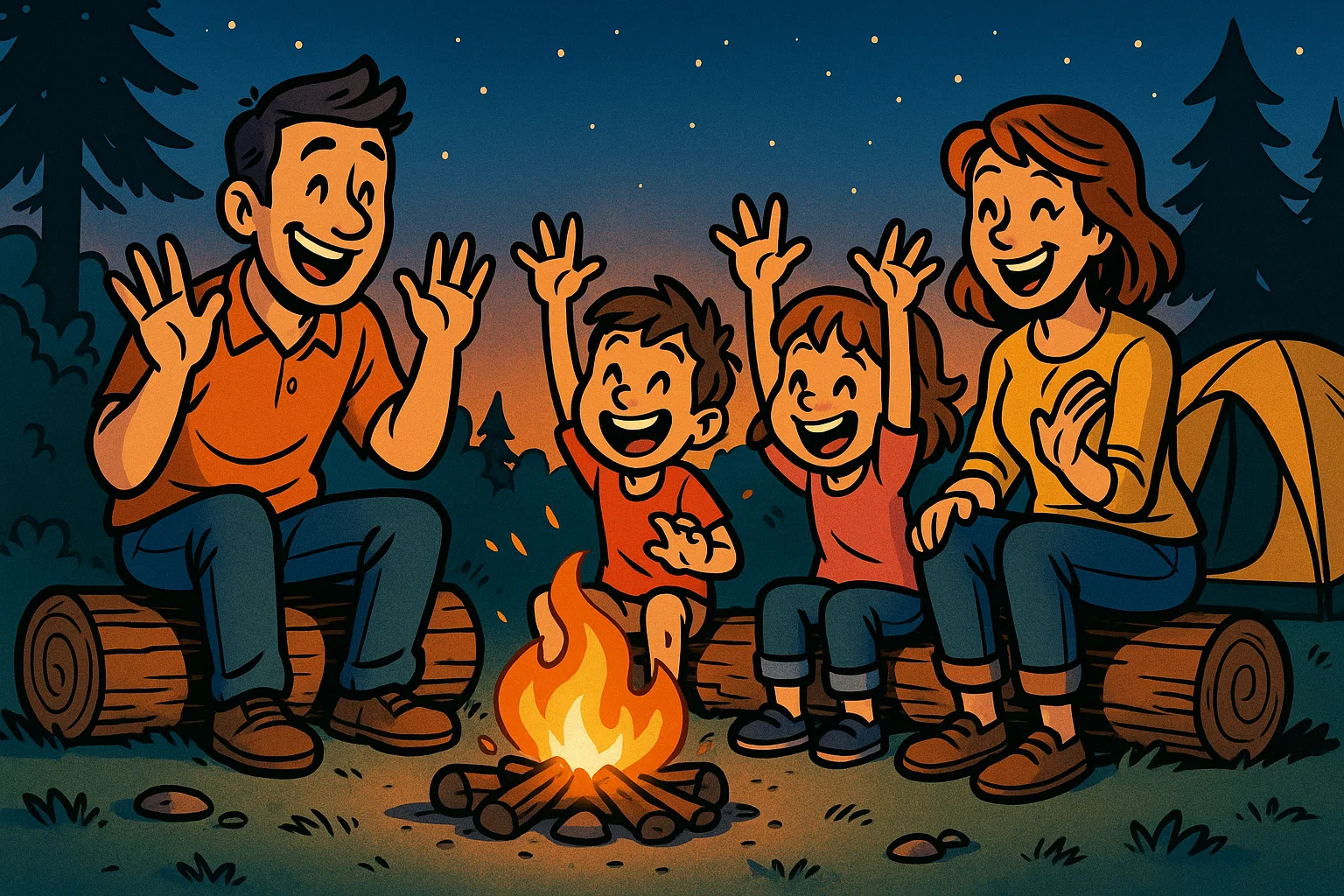 Playful cartoon of a family playing a fun, engaging game around a campfire while camping. Playful cartoon of a family playing a fun, engaging game around a campfire while camping.