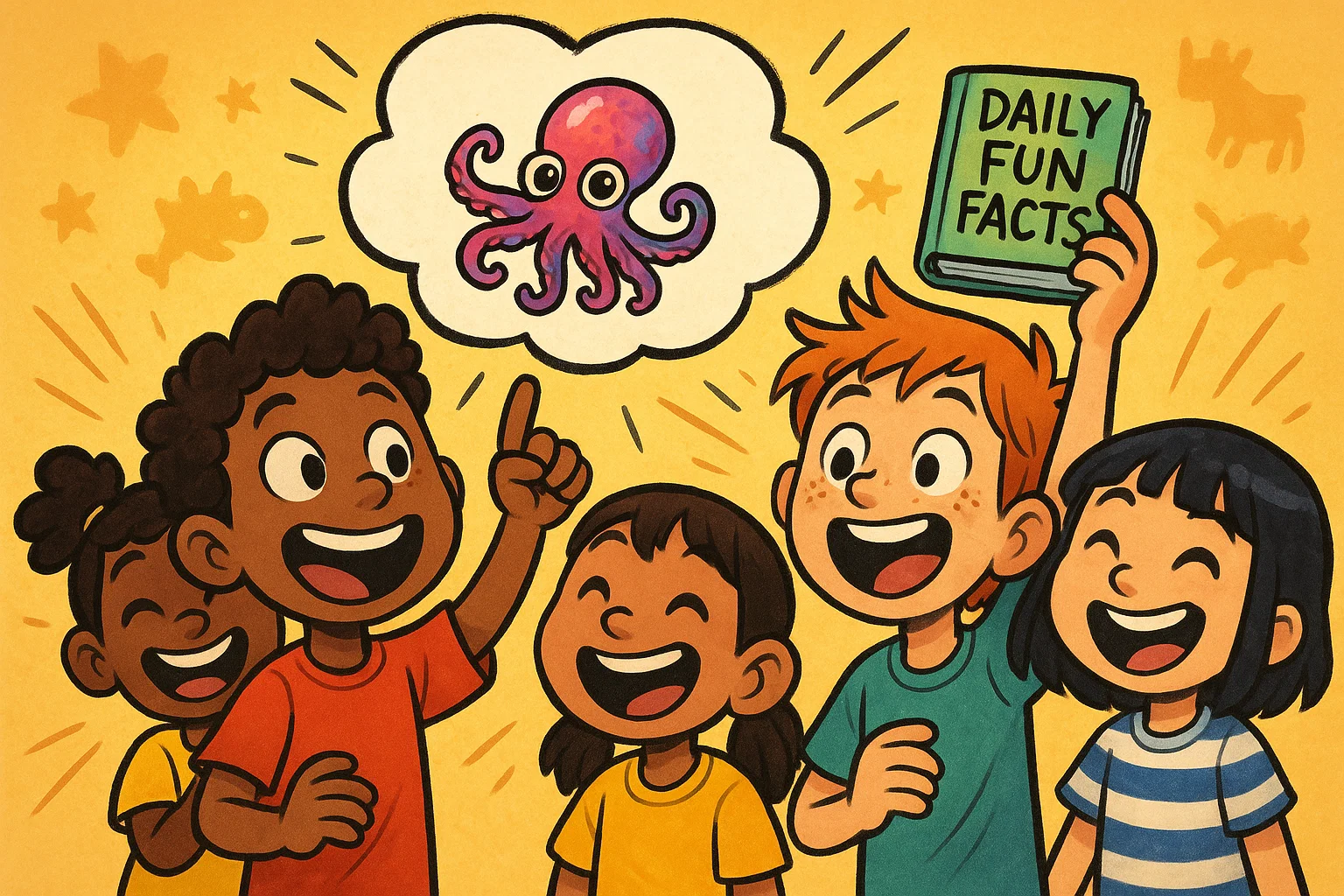 Cartoon kids share fun facts about animals and space, pointing to thought bubbles and a  Cartoon kids share fun facts about animals and space, pointing to thought bubbles and a