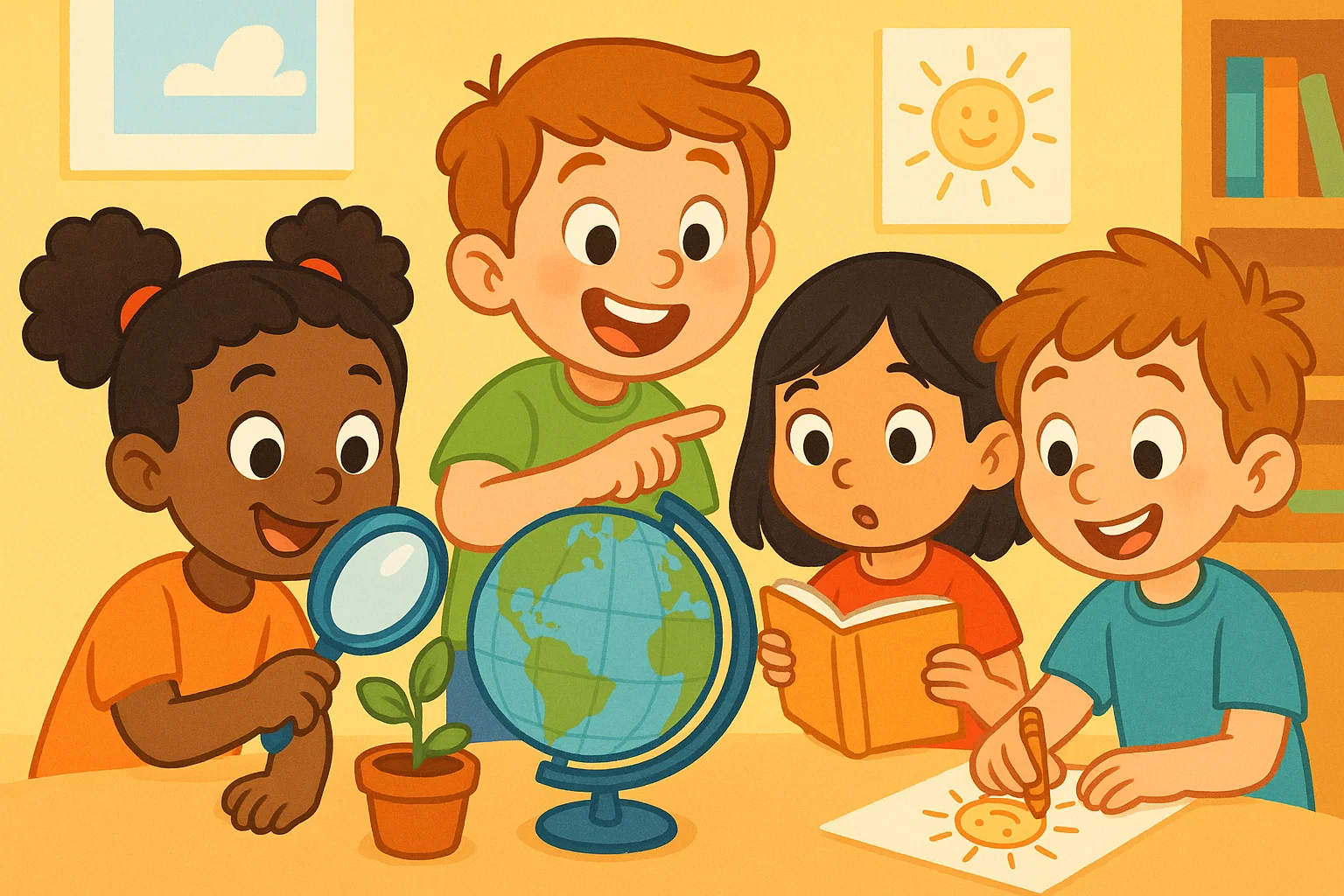 A vibrant cartoon of happy kids exploring science, geography, and reading in a bright, inviting learning environment.