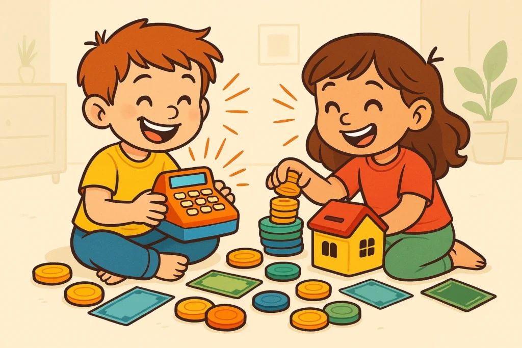 Cartoon illustration of two happy kids playing a fun money game, counting colorful toy coins and bills on the floor.