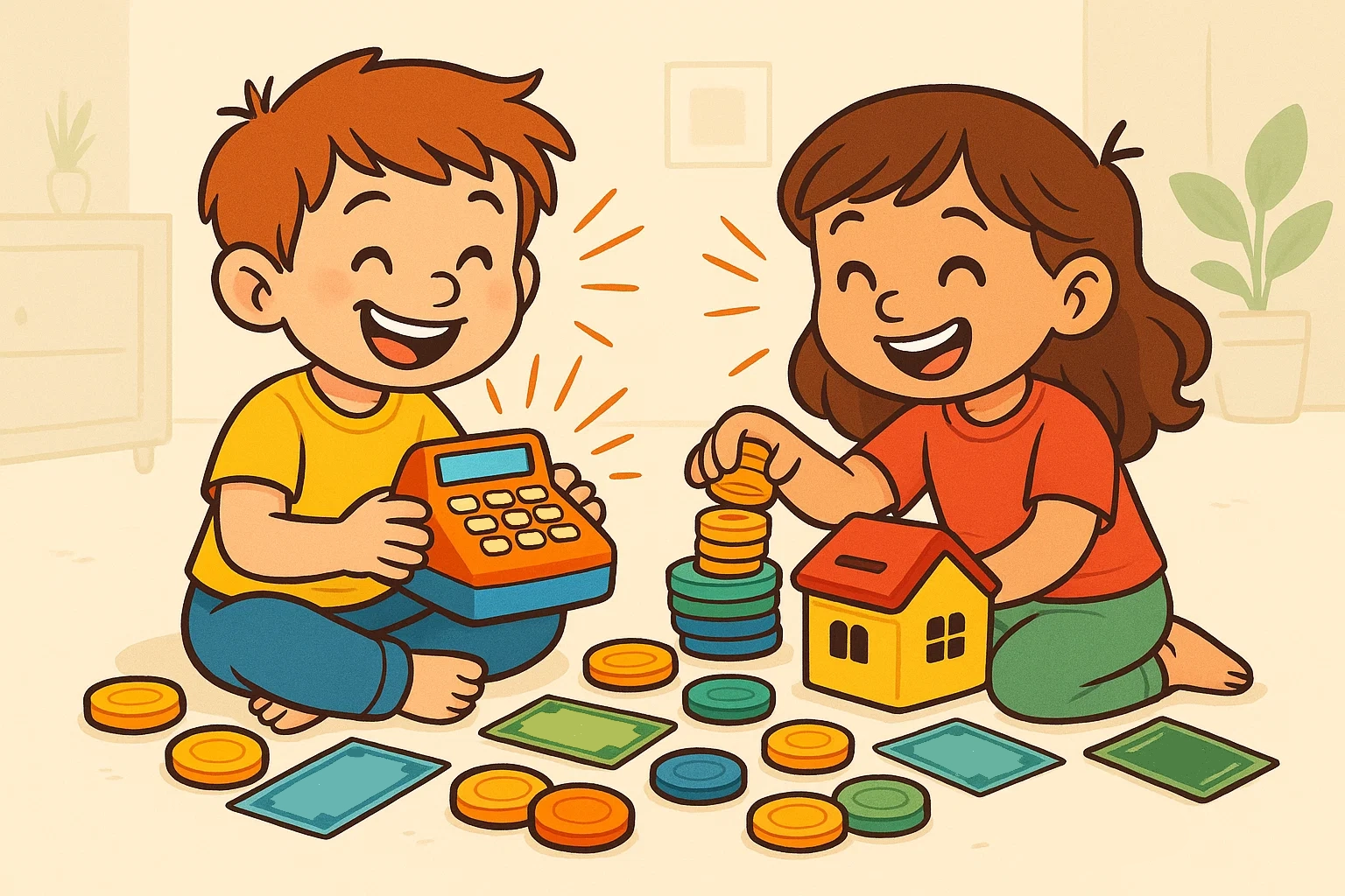 Cartoon illustration of two happy kids playing a fun money game, counting colorful toy coins and bills on the floor. Cartoon illustration of two happy kids playing a fun money game, counting colorful toy coins and bills on the floor.