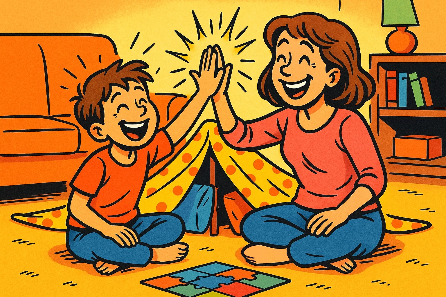 Playful cartoon of a mother and child smiling brightly, high-fiving over a completed puzzle in a warm, cozy home environment. Playful cartoon of a mother and child smiling brightly, high-fiving over a completed puzzle in a warm, cozy home environment.