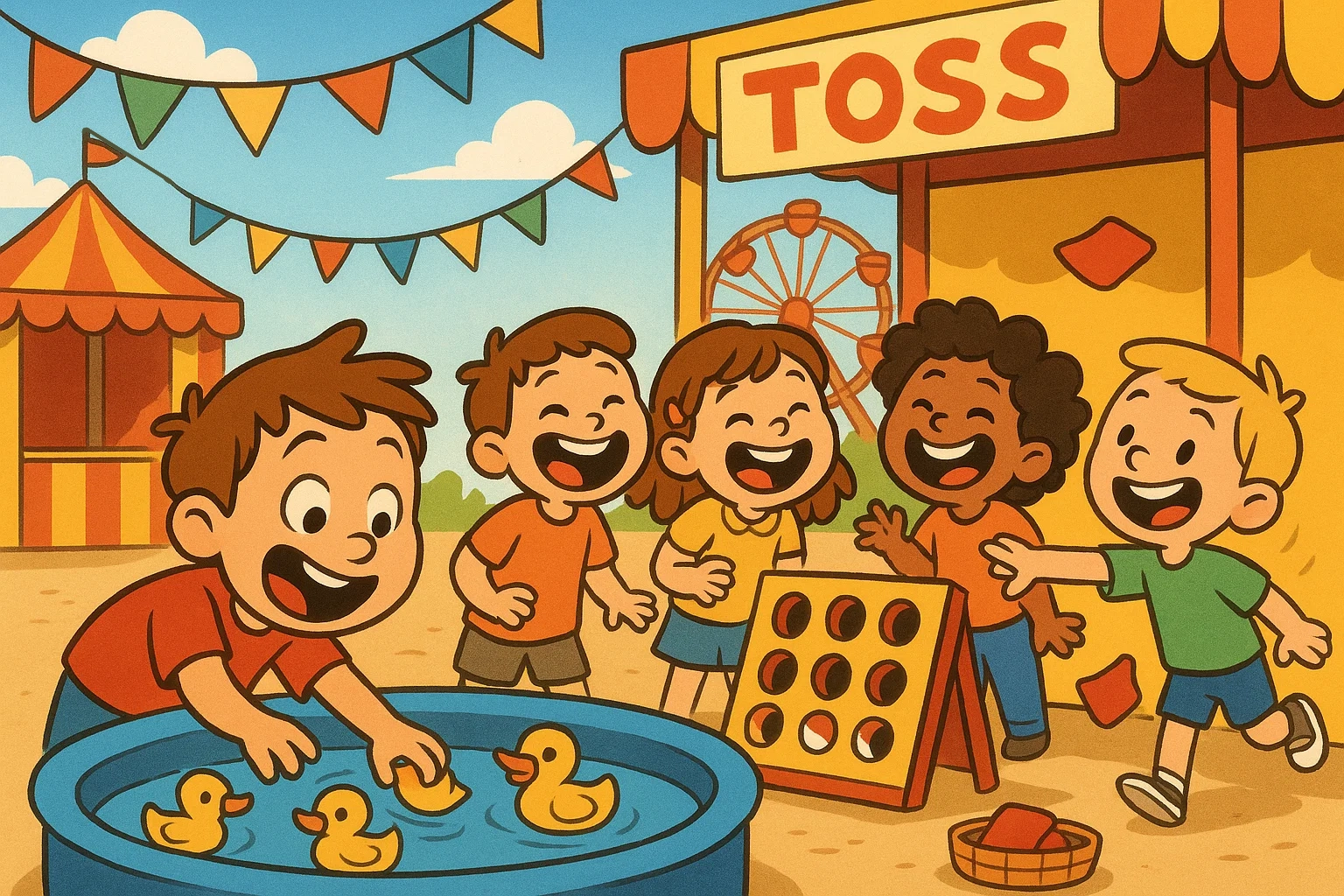 A cheerful cartoon showing kids playing classic carnival games like bean bag toss and duck pond in a vibrant outdoor setting.