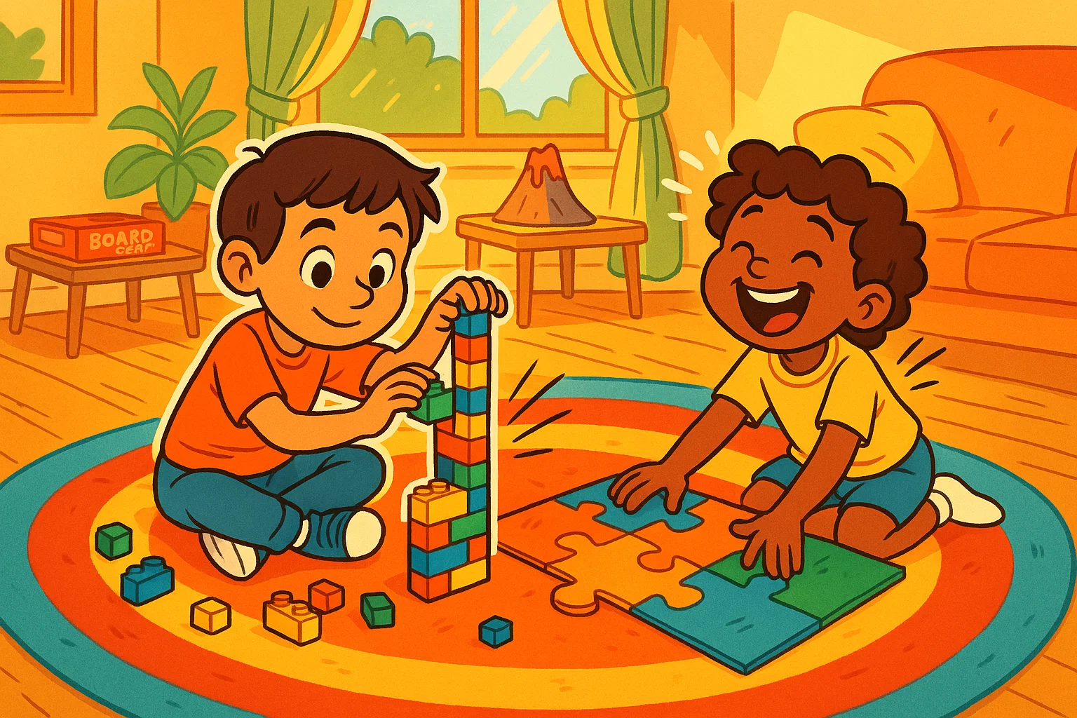 Playful cartoon of two happy children, ages 6-7, doing fun indoor learning activities, building with LEGO and working on a floor puzzle.