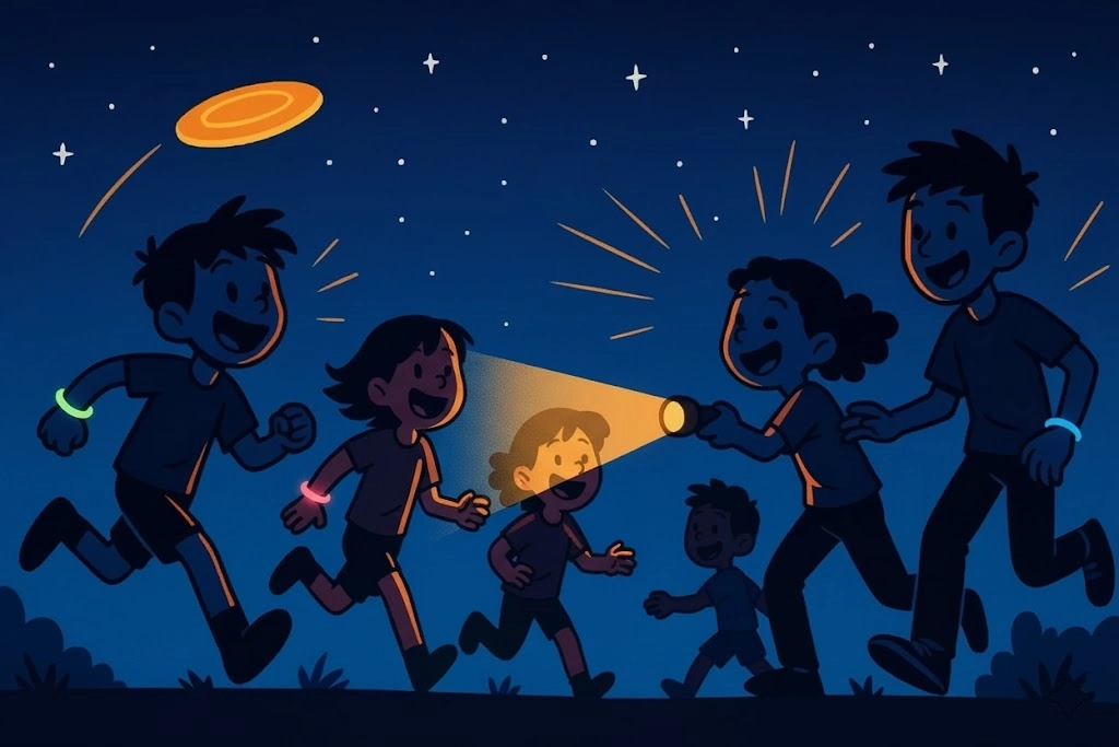 Playful cartoon showing kids and teens enjoying various outdoor night games with glow sticks and flashlights under a starry sky. Playful cartoon showing kids and teens enjoying various outdoor night games with glow sticks and flashlights under a starry sky.