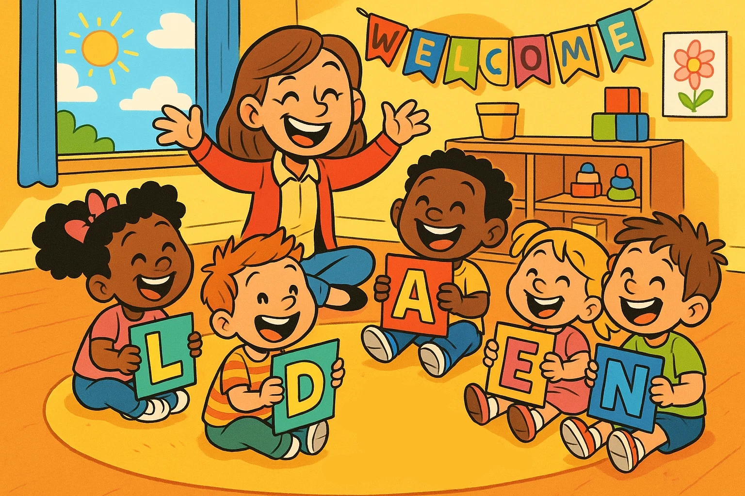 A bright, cartoon illustration of a teacher and five happy preschoolers playing a fun name recognition game in a colorful classroom. A bright, cartoon illustration of a teacher and five happy preschoolers playing a fun name recognition game in a colorful classroom.
