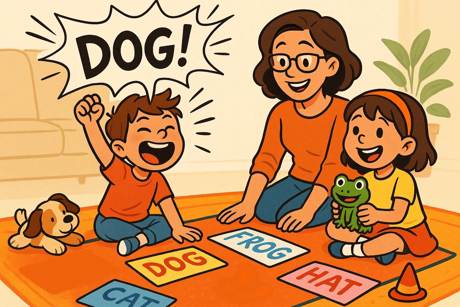 Playful cartoon of two kids and an adult happily playing a vibrant speech game at home, featuring a large, comic-style speech bubble.