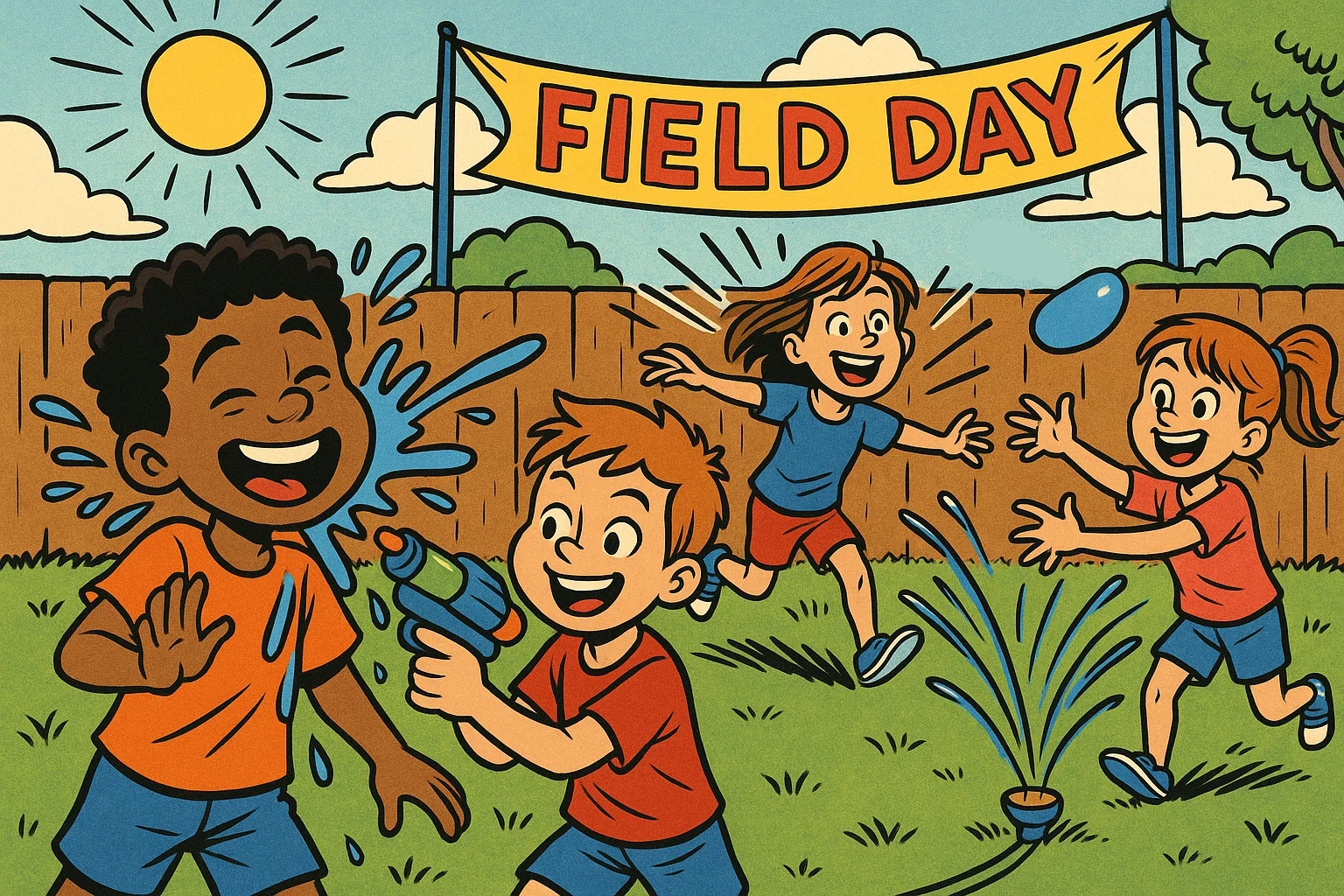 Playful cartoon of kids enjoying various water games (water guns, sprinkler, balloons) in a sunny backyard field day style.