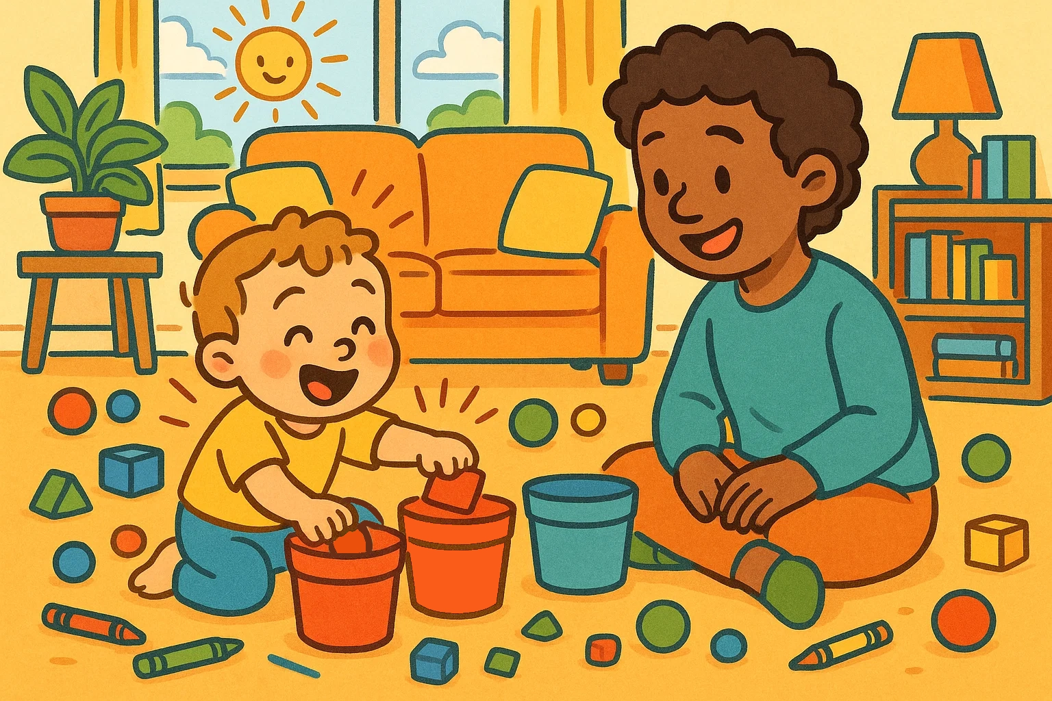 Cartoon illustration of a toddler and parent happily sorting colorful toys into buckets, depicting fun learning activities for preschoolers.