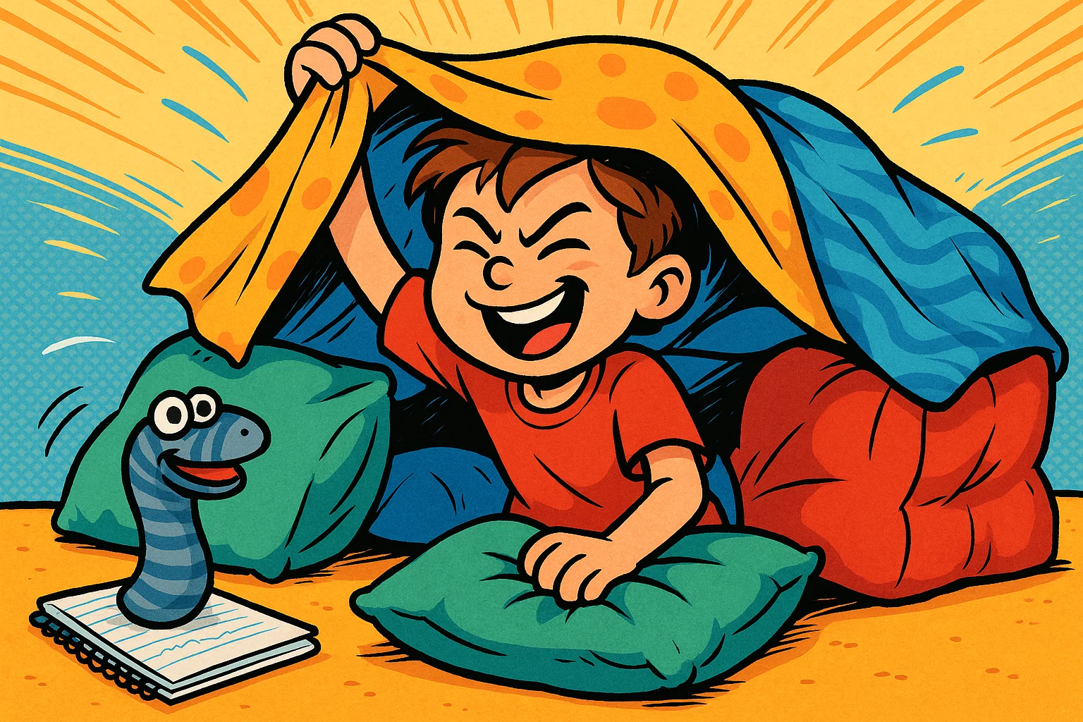 A playful cartoon showing one child defeating boredom by happily completing a large blanket fort and surrounded by various creative solo games.