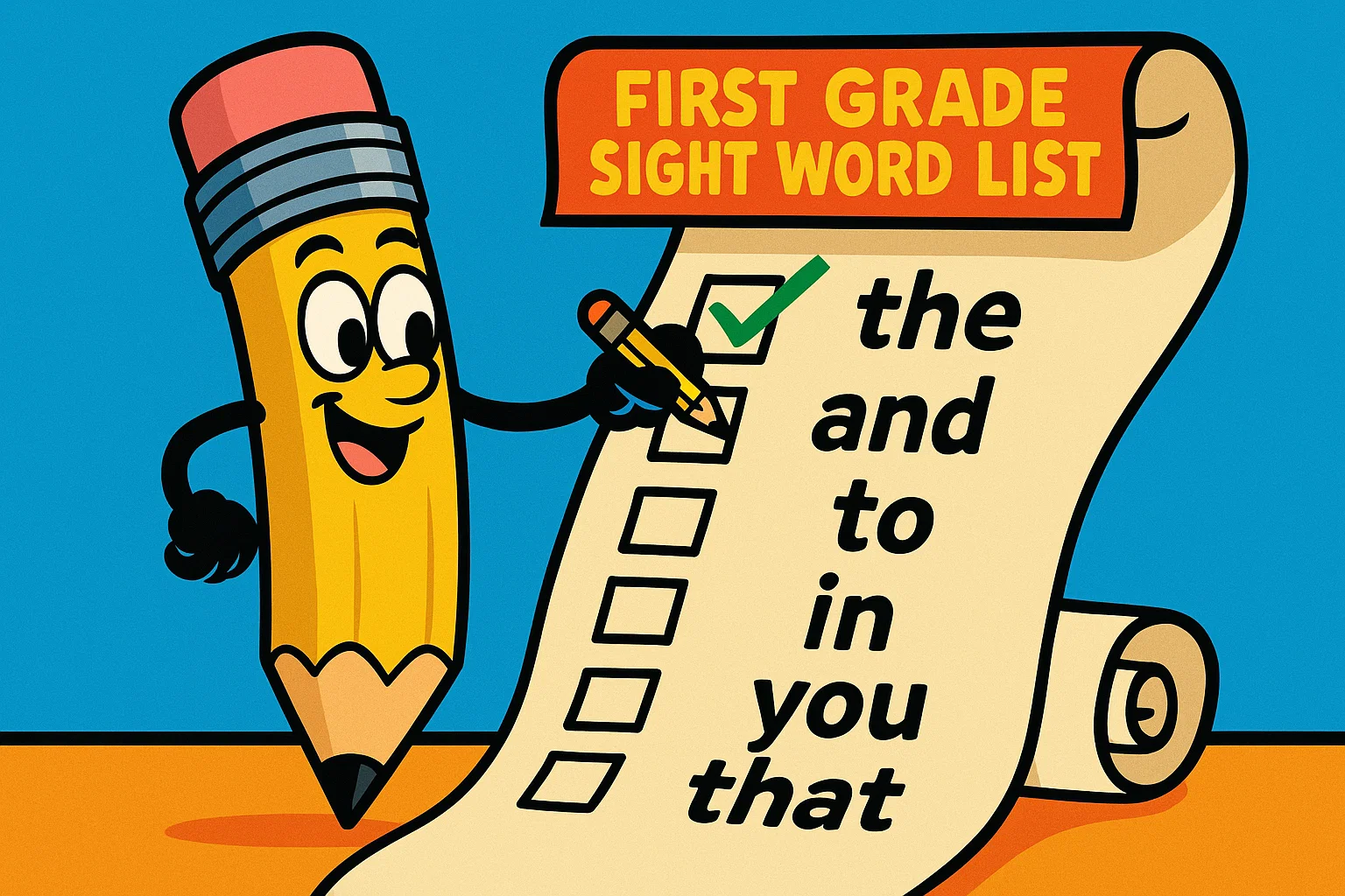 Colorful cartoon of a giant, scrolling sight word list being checked off by a cartoon pencil.
