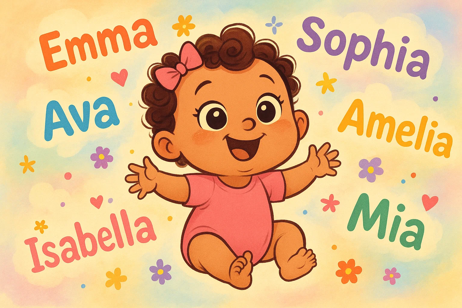 A joyful baby girl surrounded by floating letters and symbols, representing unique names and their beautiful meanings. A joyful baby girl surrounded by floating letters and symbols, representing unique names and their beautiful meanings.