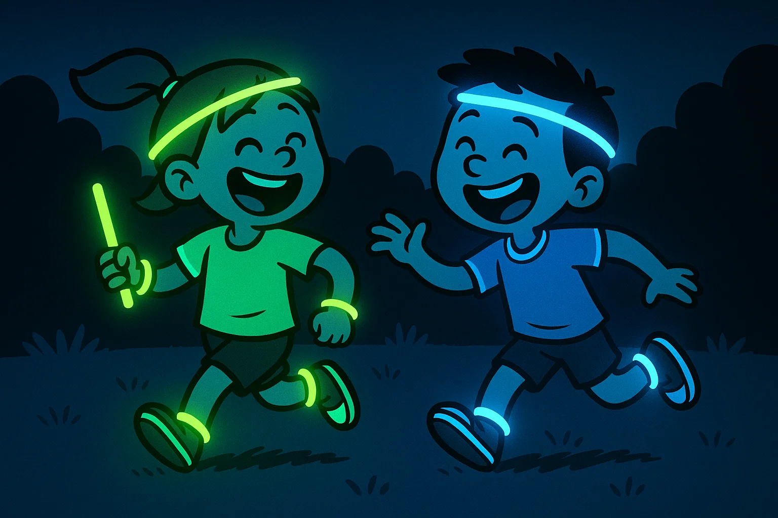 Simple cartoon of children laughing and playing Glow Stick Tag outdoors at night. Simple cartoon of children laughing and playing Glow Stick Tag outdoors at night.