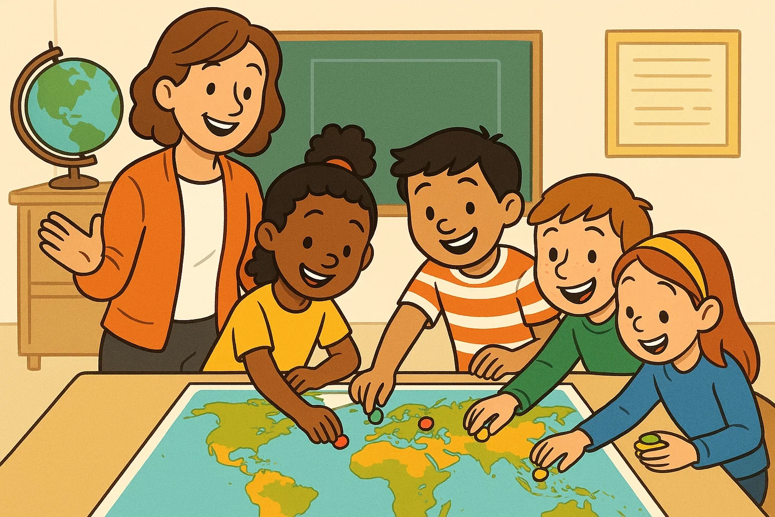 Cartoon of students doing hands-on classroom geography activities, placing markers on a world map with their teacher. Cartoon of students doing hands-on classroom geography activities, placing markers on a world map with their teacher.