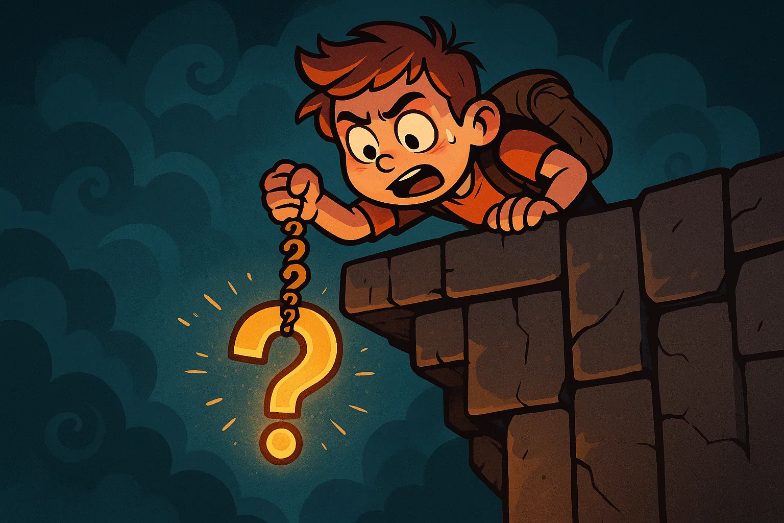 Cartoon of a child looking down a cliff, ready to solve a hard riddle and tricky brain teaser challenge.