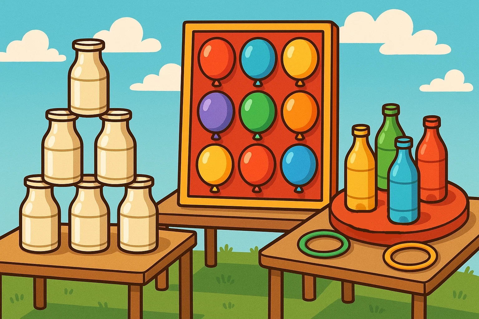 A cartoon illustration highlighting three homemade DIY carnival games: a milk bottle throw, a balloon darts board, and a ring toss. A cartoon illustration highlighting three homemade DIY carnival games: a milk bottle throw, a balloon darts board, and a ring toss.