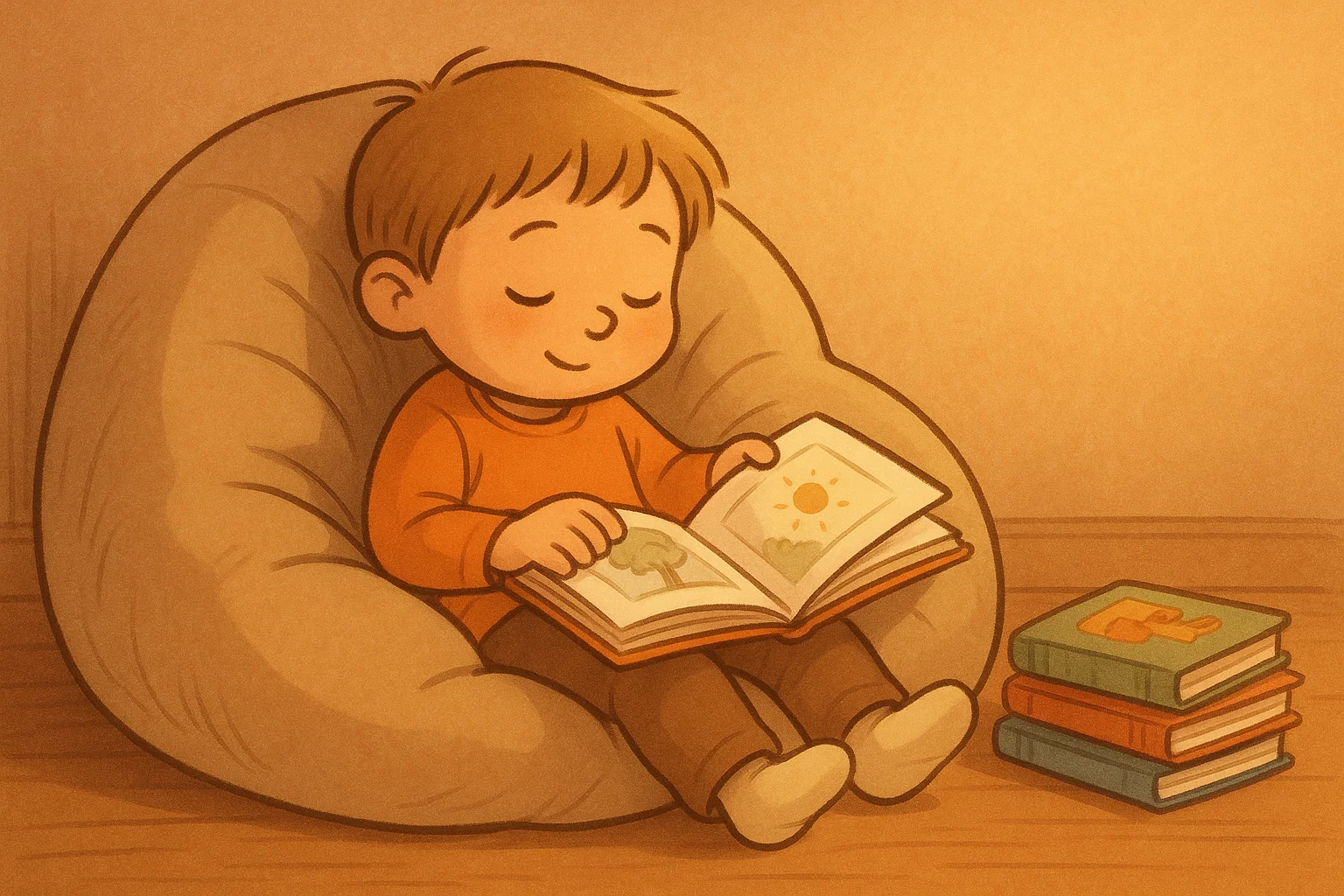 Cozy cartoon of a 6-year-old resting on a beanbag and reading, illustrating quiet-time indoor activities.