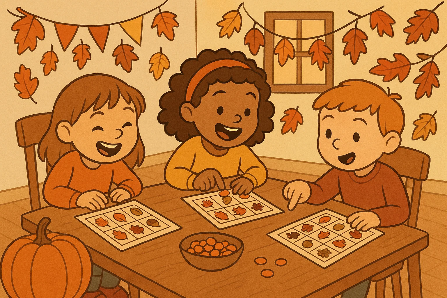 A cheerful cartoon showing children playing fall bingo and indoor pumpkin bowling inside a decorated hall. A cheerful cartoon showing children playing fall bingo and indoor pumpkin bowling inside a decorated hall.