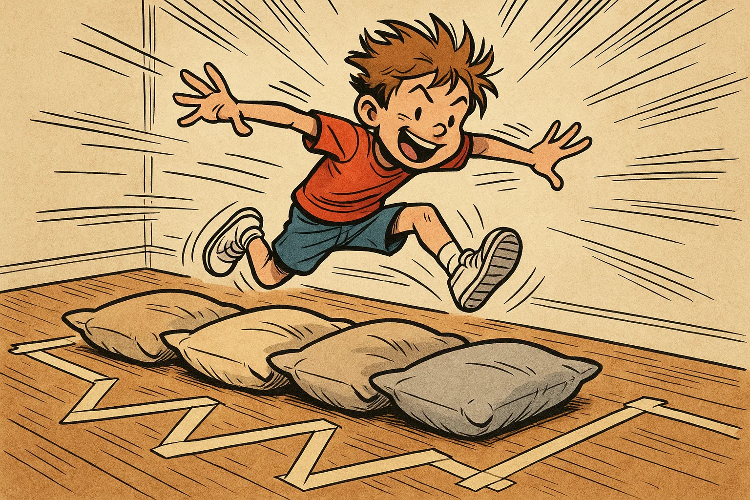 Cartoon child actively jumping over pillows in a simple, homemade indoor obstacle course in a living room setting.