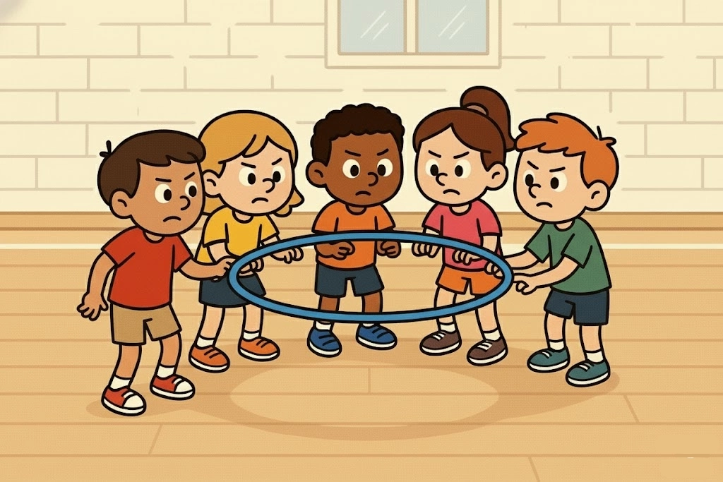 Cartoon of six kids indoors focused on the hula hoop challenge, showing a top indoor team building game for children.